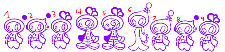 Sketch Pass 2. Working with variations of the same designs. 8 was chosen and my next task was to design poses of the character.